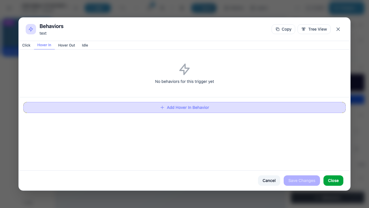 Trigger tabs showing Click, Hover In, Hover Out, and Idle for a text marker