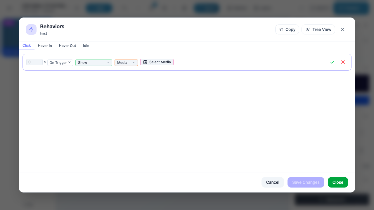 A behavior configured with Show action targeting a Media element, with the Select Media button visible
