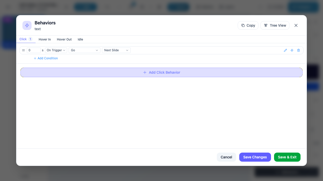 Behavior list showing a created behavior with delay, timing, action, and target fields, plus edit, pin, and delete icons