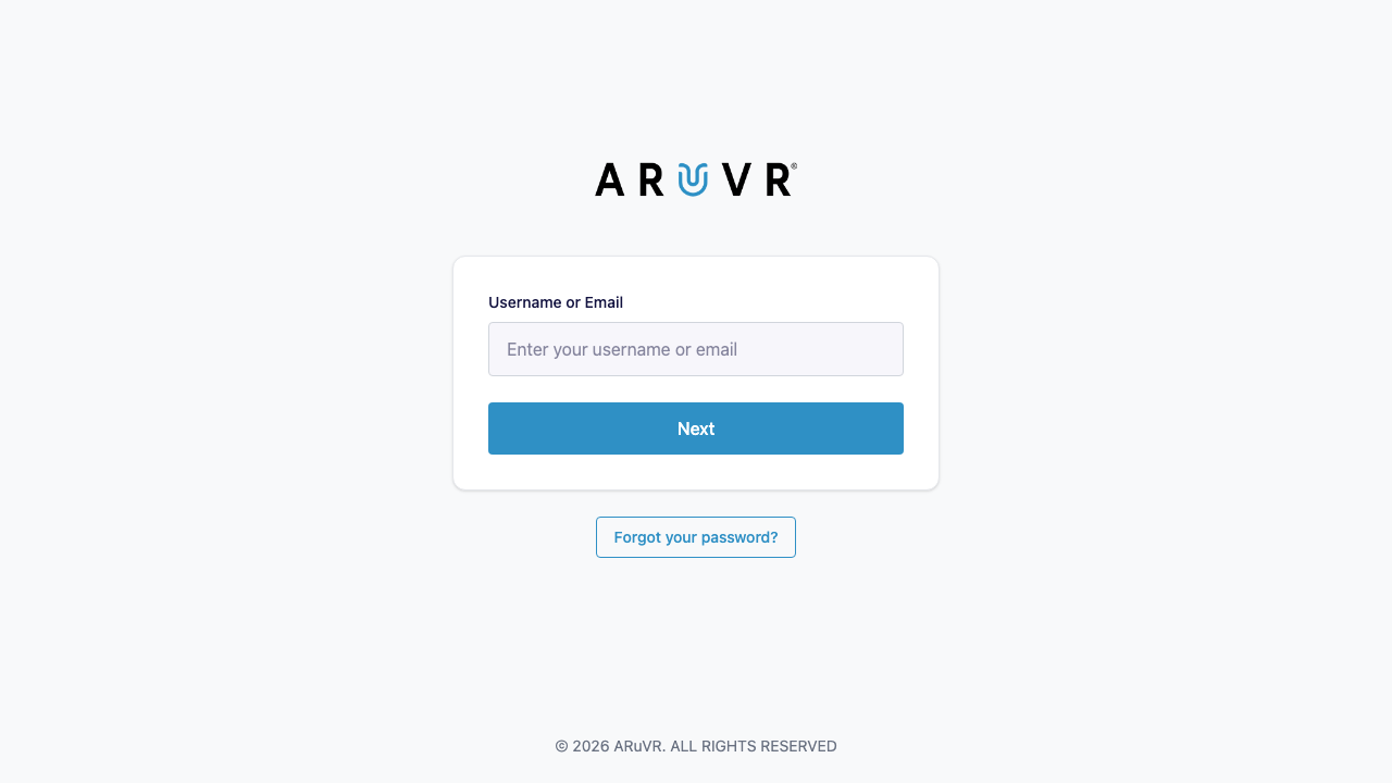 The ARuVR login page showing the username or email input field and the Next button