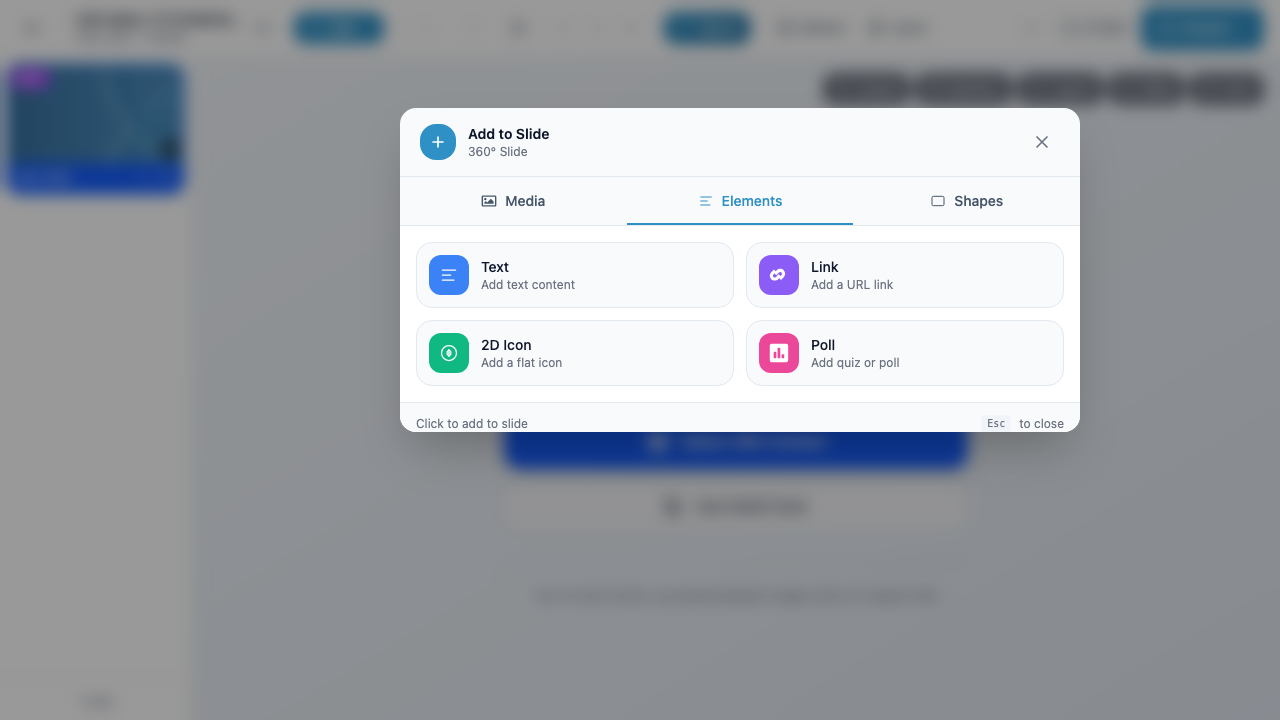 The QuickAdd modal with the Elements tab active, showing four marker type buttons: Text, Link, 2D Icon, and Poll