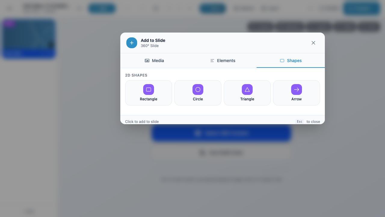 The QuickAdd modal with the Shapes tab active, showing four 2D shape options: Rectangle, Circle, Triangle, and Arrow