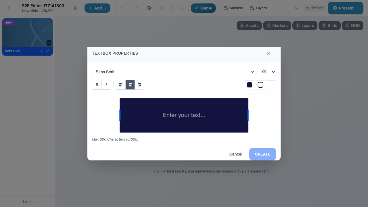 The Textbox Properties dialog showing font options, formatting controls, a text input area with placeholder text, and Create/Cancel buttons