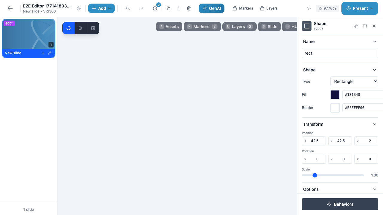 The Properties panel for a Shape marker showing Type dropdown set to Rectangle, Fill color #131340 with a color swatch, and Border color #FFFFFF00 with a transparent swatch
