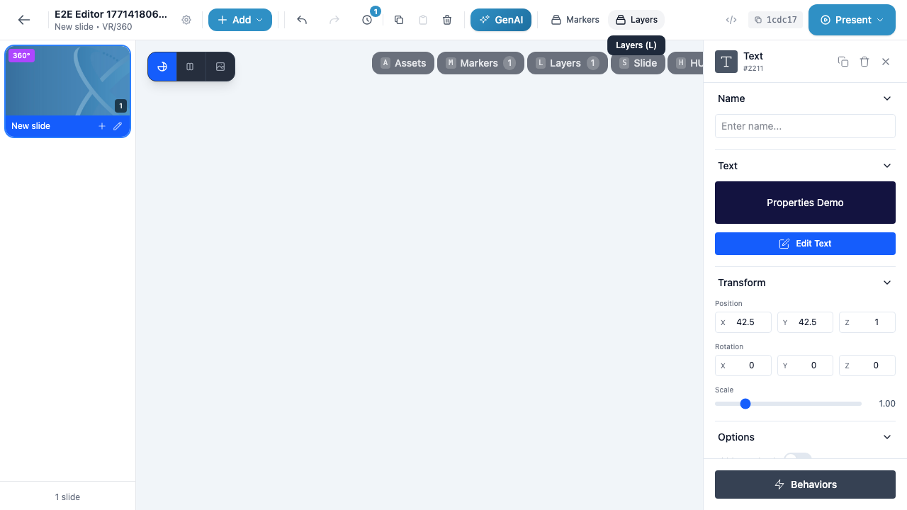 The Properties panel for a Text marker showing the header with type icon, marker ID #2211, and action buttons, followed by Name, Text, Transform, Options, and Behaviors sections