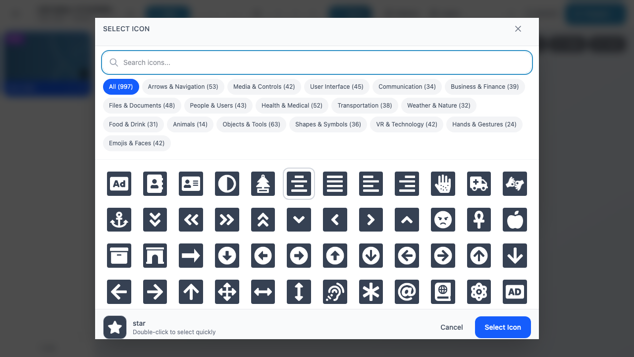 The icon selector modal showing 997 icons organized into categories like Arrows and Navigation, Media and Controls, User Interface, and more
