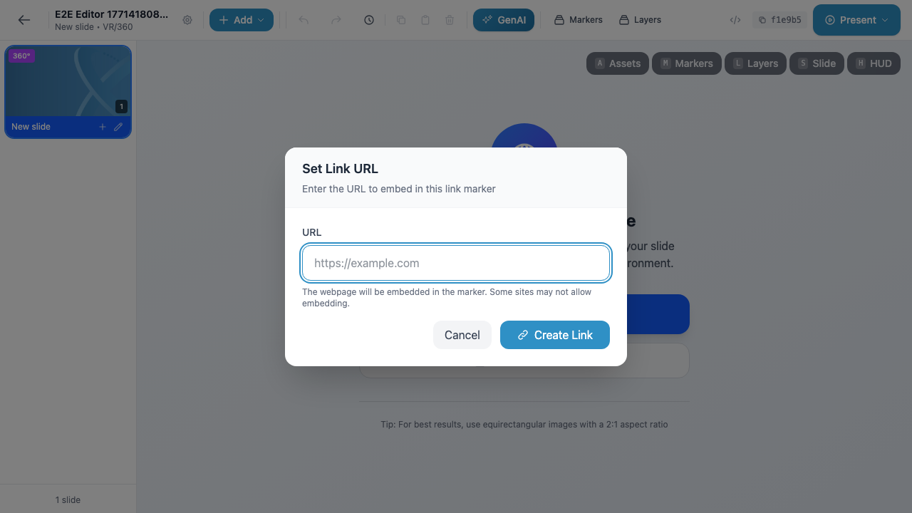 The Set Link URL dialog where you enter a URL to embed in the link marker