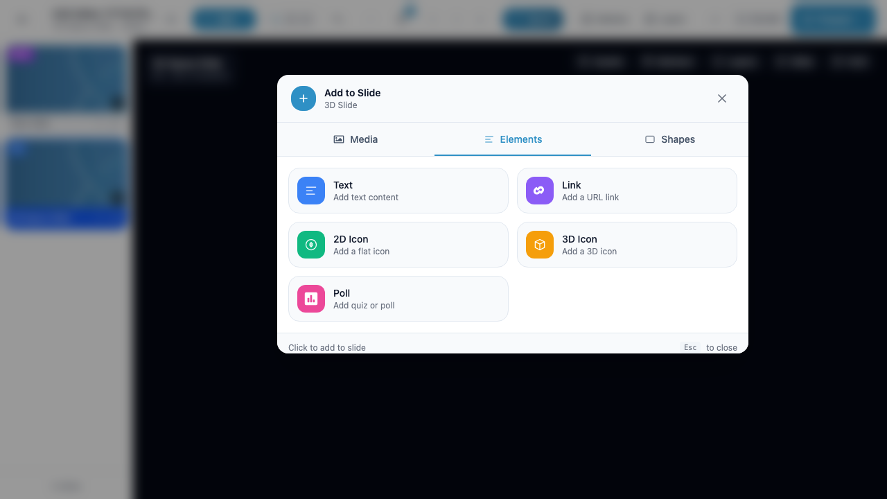 The QuickAdd Elements tab on a 3D slide showing Text, Link, 2D Icon, 3D Icon, and Poll options