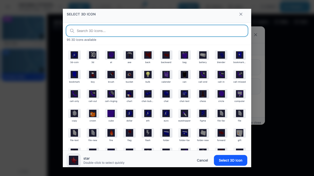 The 3D Icon selector showing 95 available 3D icons with a search bar, including icons like coin, axe, bag, battery, blender, bookmark, and more