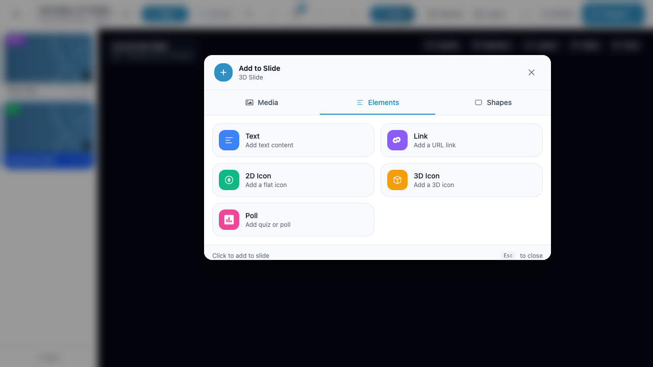 The QuickAdd Elements tab on an AR slide showing Text, Link, 2D Icon, 3D Icon, and Poll options -- identical to the VR/3D slide layout