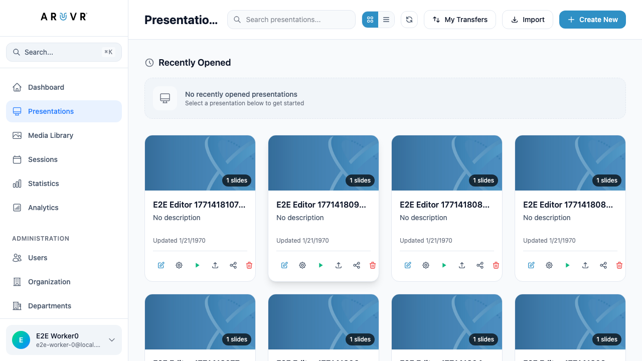 The presentations dashboard showing a grid of presentation cards, a search bar, view toggles, and action buttons