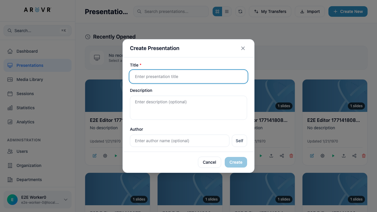 The Create Presentation modal with Title, Description, and Author fields