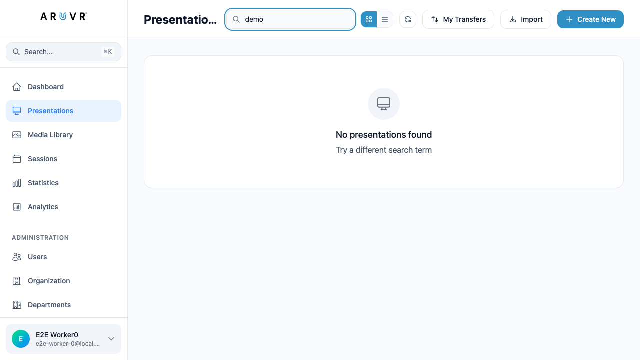 Search results showing an empty state when no presentations match the query