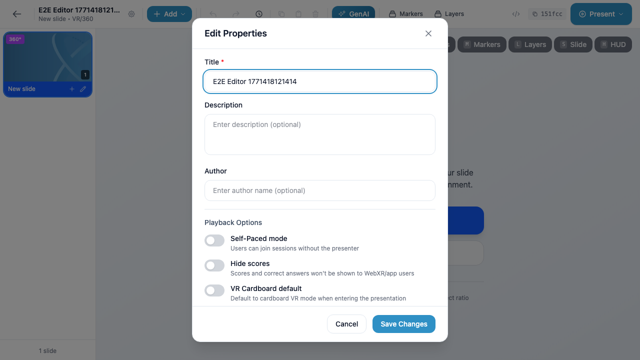 The Edit Properties modal showing Title, Description, Author fields and Playback Options toggles
