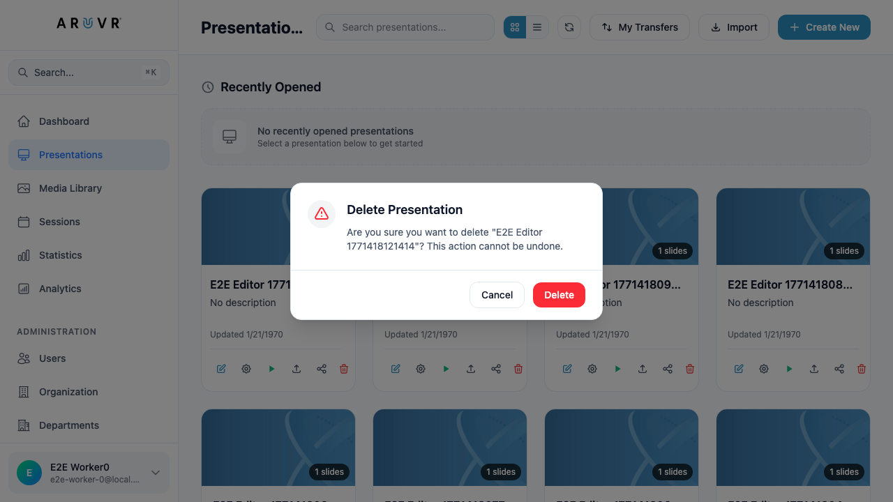 The Delete Presentation confirmation dialog showing a warning icon and the name of the presentation being deleted
